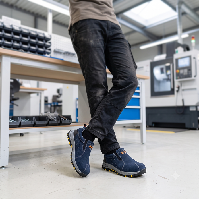 Baskets de Sécurité DOCKER BLUE - Chaussures de Travail S3 Sans Lacets [Daim Bleu Marine]