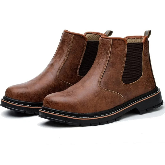Bottines de Sécurité RANCHER BROWN - Chaussures de Travail S3 Style Chelsea [Cuir Brun & Sans Lacets]