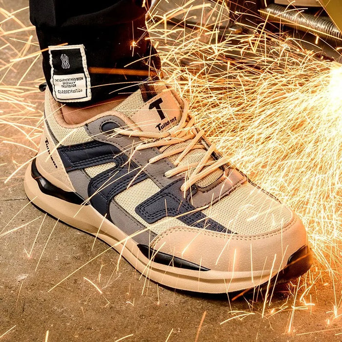 Baskets de Sécurité DELTA BEIGE - Chaussures de Travail S3 Style Rétro Sport [Sable & Bleu Marine]