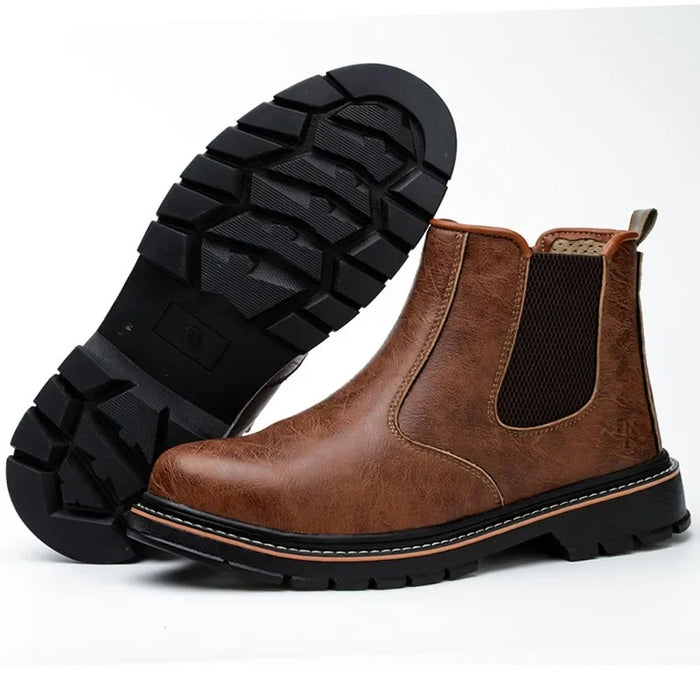 Bottines de Sécurité RANCHER BROWN - Chaussures de Travail S3 Style Chelsea [Cuir Brun & Sans Lacets]