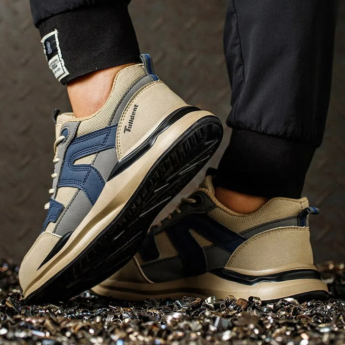 Baskets de Sécurité DELTA BEIGE - Chaussures de Travail S3 Style Rétro Sport [Sable & Bleu Marine]