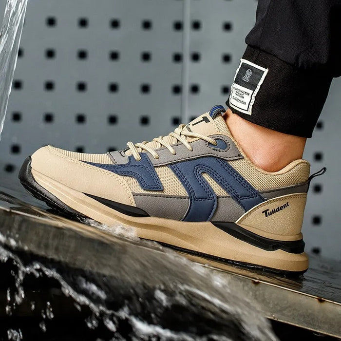 Baskets de Sécurité DELTA BEIGE - Chaussures de Travail S3 Style Rétro Sport [Sable & Bleu Marine]