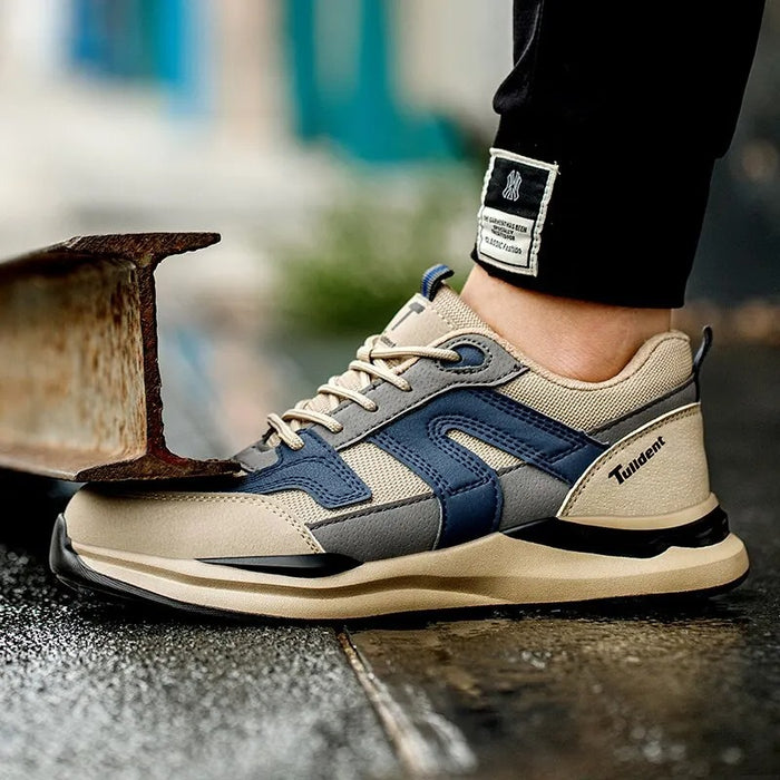 Baskets de Sécurité DELTA BEIGE - Chaussures de Travail S3 Style Rétro Sport [Sable & Bleu Marine]