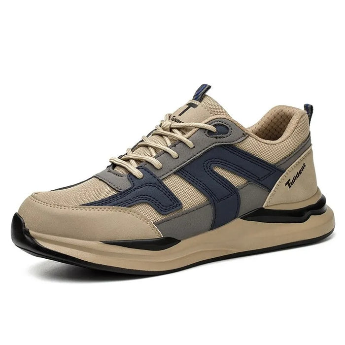 Baskets de Sécurité DELTA BEIGE - Chaussures de Travail S3 Style Rétro Sport [Sable & Bleu Marine]